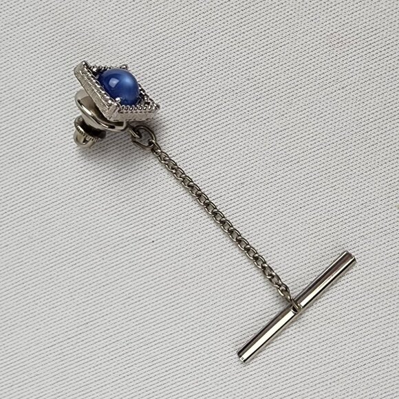 Vintage Silver Tone Blue Stone Tie Tack Pin - Picture 2 of 9